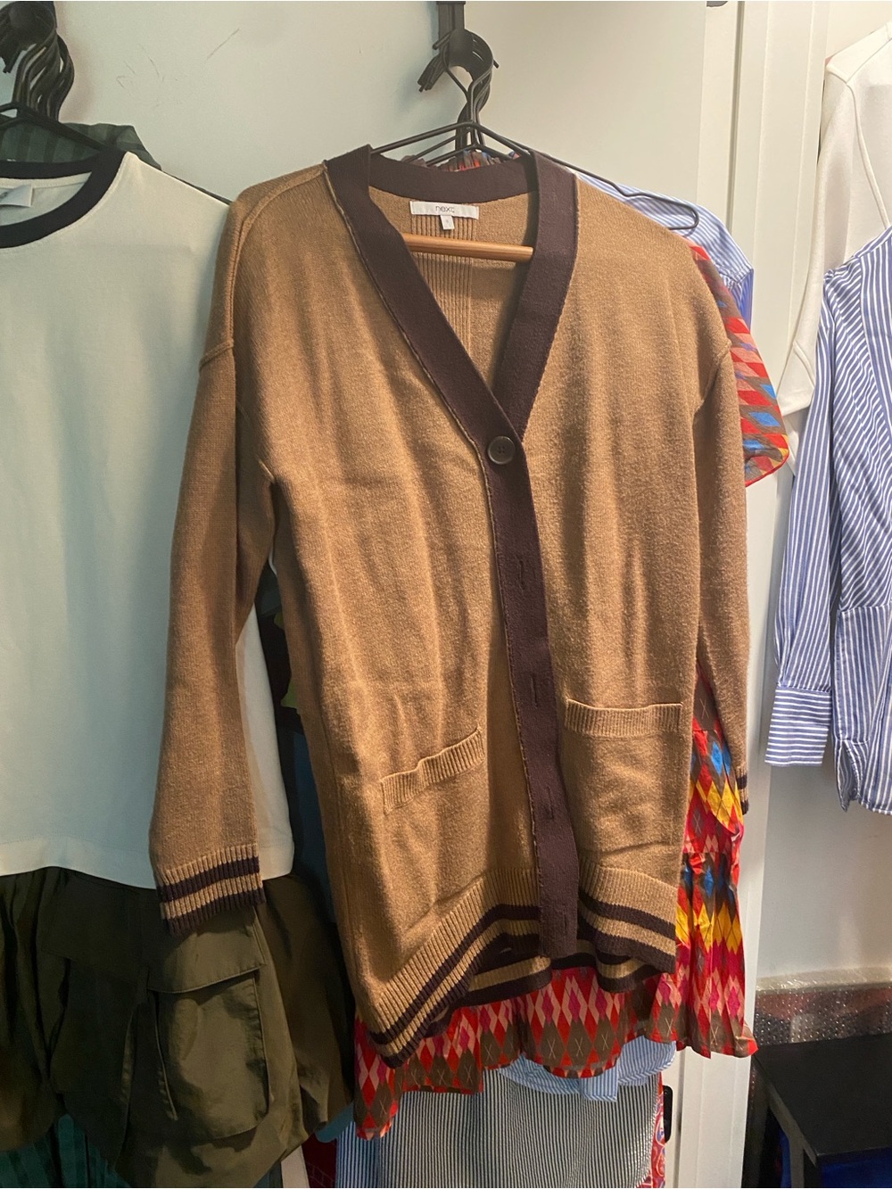 next Tan Cardigan with Dark Brown Contrast Trim